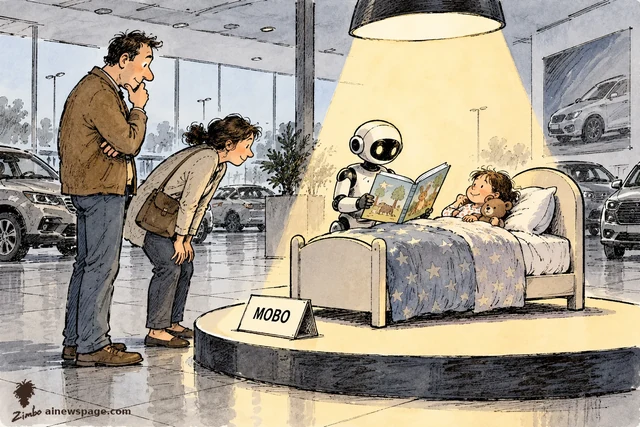 Satirical cartoon: in a car dealership, two parents inspect a small robot reading a bedtime story to a kid in a showroom display bed under a MOBO placard.
