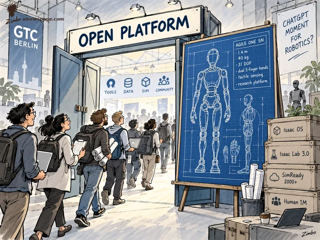 Satirical cartoon: at GTC Berlin, researchers stream through an OPEN PLATFORM gate past a blueprint easel for the Agile ONE SN humanoid, with crates labeled Isaac OS, Isaac Lab 3.0, SimReady 2000+ and Human 1M.