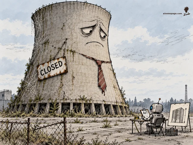A gigantic cobweb-covered nuclear cooling tower with a sad face, a worn necktie and a crooked CLOSED sign, sitting dejectedly while a tiny robot recruiter at a folding desk studies a clipboard marked AI? beside a server-rack diagram.