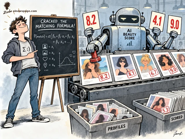 Satirical cartoon: a proud young man points at his 'CRACKED THE MATCHING FORMULA!' chalkboard while a giant robot labeled AI BEAUTY SCORE stamps numeric scores on women's profile photos moving down a conveyor.