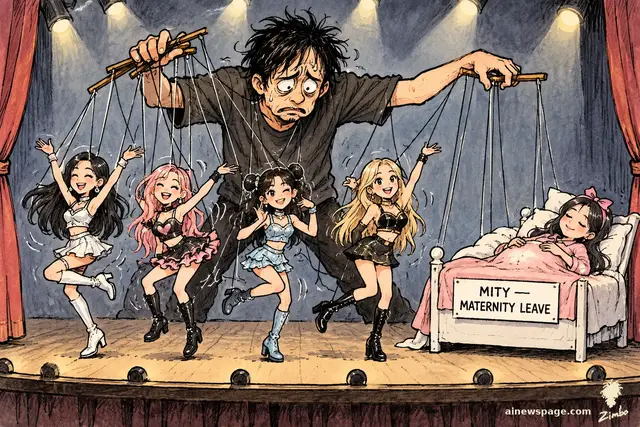 Satirical cartoon: a tearfully exhausted puppeteer wrestles tangled strings to keep four dancing AI-pop-star marionettes moving while the fifth, Mity, rests in a bed labeled 'MITY — MATERNITY LEAVE' with an obviously fake stuffed-pillow bump under her pink pajamas.