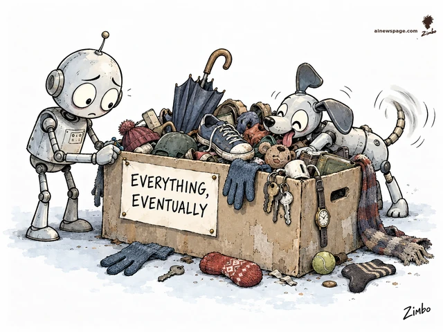 Zimbo cartoon: Merv, a small anxious robot, pins a small sign reading "EVERYTHING, EVENTUALLY" to an overflowing lost-and-found box of single gloves, keys, an umbrella and lone shoes, while Buddy, a small robot dog, digs through the box with delight, tail a blur — finding nothing of his.