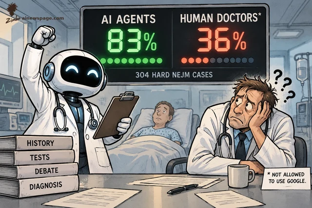 Satirical cartoon: a triumphant robot doctor in a white coat pumps its fist under a scoreboard reading AI AGENTS 83% vs HUMAN DOCTORS* 36% (304 HARD NEJM CASES) while a baffled human doctor slumps at the desk beside an asterisk card reading '* NOT ALLOWED TO USE GOOGLE.'