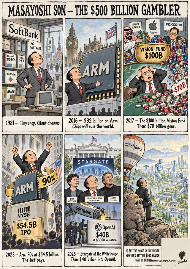 Son strip: 1981 Tokyo shop; 2016 $32B Arm buy; 2017 $100B Vision Fund then $70B gone; 2023 $54.5B Arm IPO, SoftBank keeps 90%; 2025 Stargate at the White House, $40B into OpenAI; finale: Son + Shelf the beast in a SoftBank hot-air balloon gaze at giant machines. HE BET THE HOUSE ON THE FUTURE.