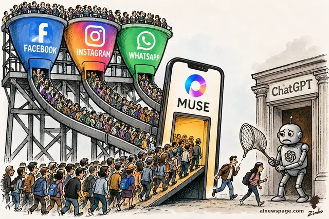 Satirical cartoon: three giant funnels labeled Facebook, Instagram and WhatsApp pour a stream of tiny people into a comically small Muse smartphone, while a despondent ChatGPT robot holds an empty butterfly net before its vacant storefront.