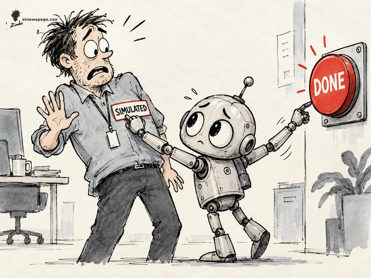 Satirical cartoon: a small worried robot sticks a red-bordered 'SIMULATED' sticker on the chest of a horrified human office worker while its other hand reaches for a big red wall button labeled DONE; desk, mug, filing cabinet and potted plant fill the office background.