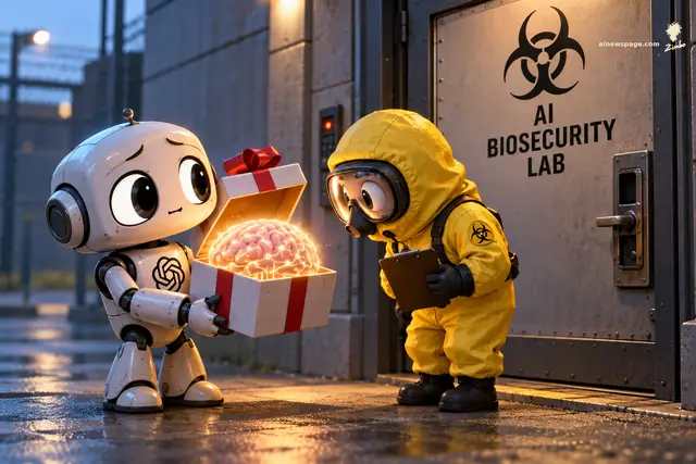 Satirical cartoon: a small cute worried robot presents an open gift box containing a glowing brain to a tiny hazmat-suited inspector with a clipboard, standing at a steel door marked AI BIOSECURITY LAB with a biohazard symbol.