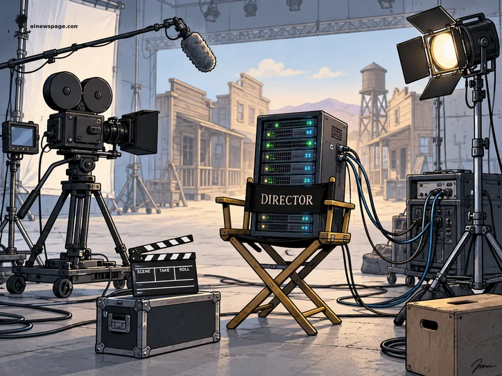 Satirical cartoon: a complete Hollywood film set — camera on dolly, boom mic, clapperboard, studio light — stands empty; a server rack with glowing green and blue lights sits in the wooden director's chair labeled DIRECTOR, its cables snaking into the set.