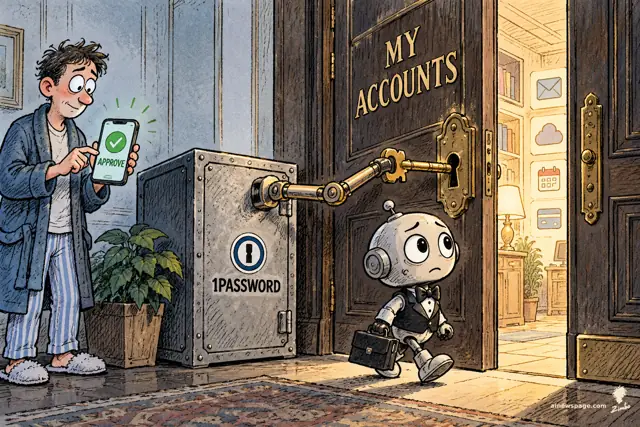 Satirical cartoon: a worried robot butler with an empty briefcase walks through the MY ACCOUNTS door that a mechanical arm from the locked 1PASSWORD safe just unlocked, while the pajama-clad owner taps APPROVE on his phone.