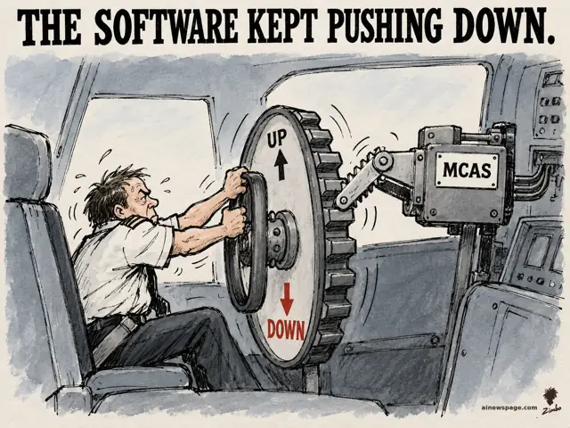 Satirical cartoon: an exhausted pilot strains to turn a giant trim wheel toward UP while the MCAS machine's ratchet drives it toward the red DOWN arrow.