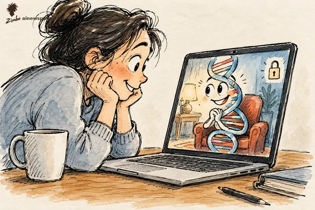 Satirical cartoon: a woman leans conspiratorially toward her laptop, confessing secrets to a tiny smiling DNA helix in an armchair inside the screen; a padlock marks the chat private.