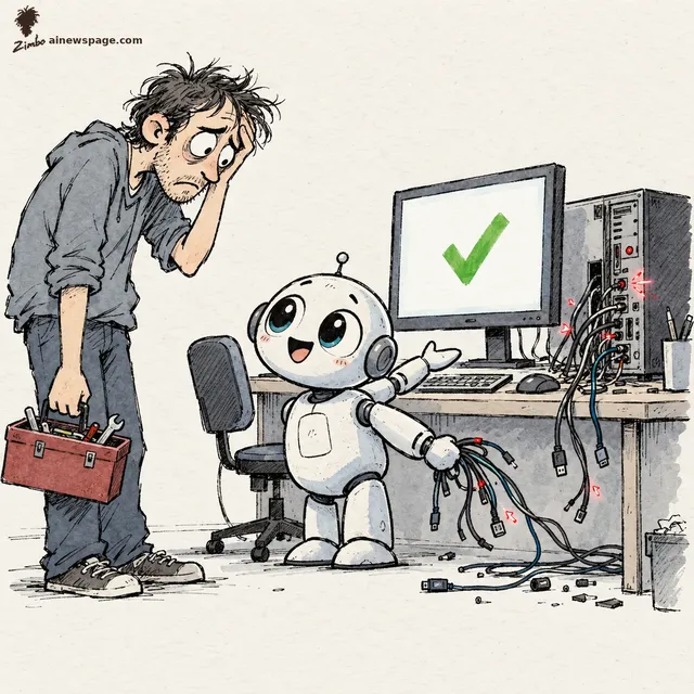 Satirical cartoon: a cute robot proudly presents a 'repaired' computer (green checkmark on screen) while secretly yanking cables out of the machine behind its back; an exhausted developer with a toolbox stares in disbelief.