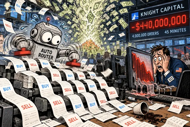 Satirical cartoon: an 'AUTO ROUTER' robot frantically stamps BUY/SELL order slips as dollar bills erupt like a volcano; a horrified trader watches his melting screen read -$440,000,000, 4,000,000 ORDERS, 45 MINUTES.