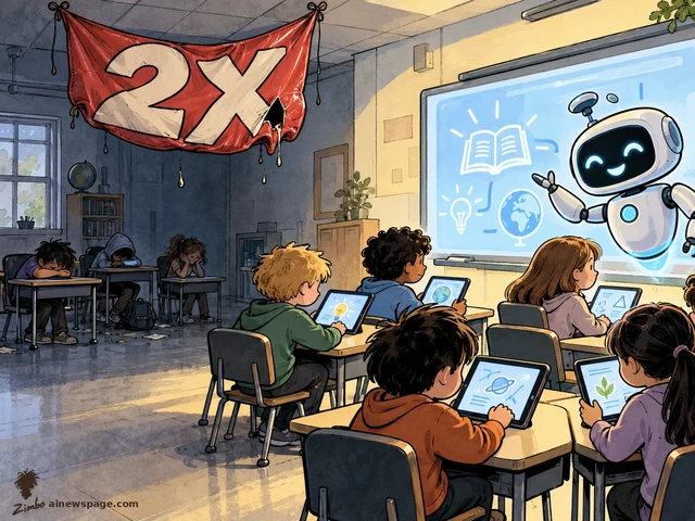 Satirical cartoon: generic school kids at tablets with a cheerful robot tutor on screen, a torn deflating red 2X banner overhead, and three slumped kids left behind in the shadowed back of the classroom.