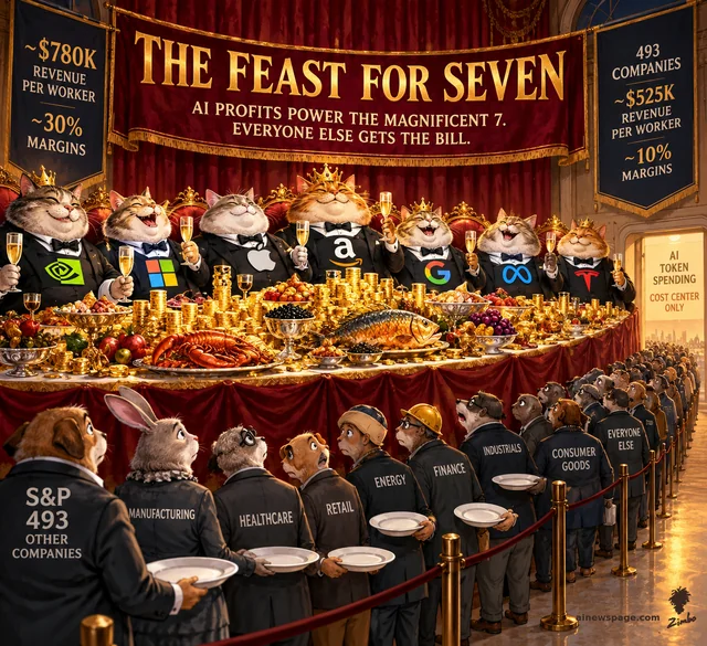 Satirical cartoon: seven crowned fat cats in tuxedos — Nvidia, Microsoft, Apple, Amazon, Google, Meta and Tesla — gorge at a gold-laden banquet table under a 'THE FEAST FOR SEVEN' banner, while a long queue of small ordinary businesses hold out empty plates behind a velvet rope.