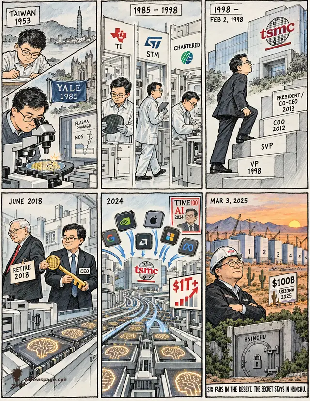 C.C. Wei strip: 1953 Taiwan schoolboy; Yale 1985 plasma-damage PhD; 1985–1998 TI, STMicro, Chartered; Feb 1998 joins TSMC, VP to co-CEO 2013; June 2018 sole CEO; 2024 AI boom, TIME100 AI, $1T+; Mar 2025 $100B Arizona, six fabs, HSINCHU vault. SIX FABS IN THE DESERT. THE SECRET STAYS IN HSINCHU.