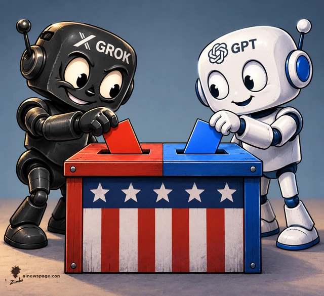 Satirical cartoon: a black GROK robot drops a red ballot and a white GPT robot drops a blue ballot into a split red-and-blue ballot box with an American flag design.