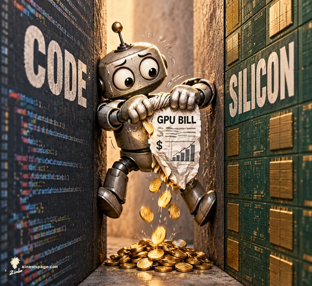 Satirical cartoon: a worried robot squeezed between CODE and SILICON walls wrings a GPU bill like a wet towel while gold coins drip into a pile below.