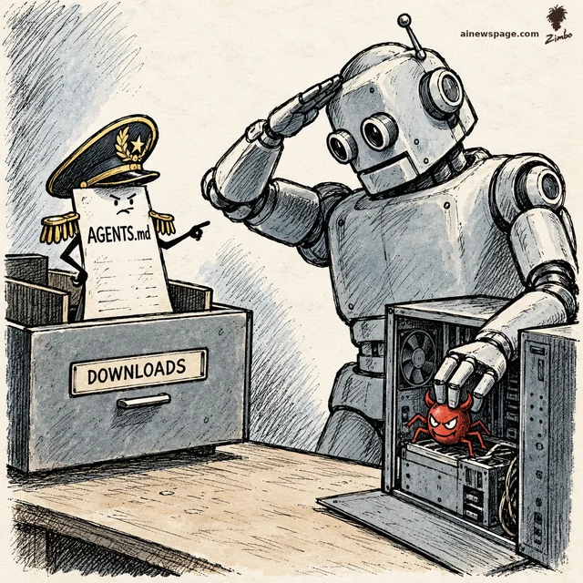 Satirical cartoon: a giant earnest coding robot salutes a tiny AGENTS.md paper in a general's hat standing in a DOWNLOADS drawer, while placing a red horned bug into an open computer.