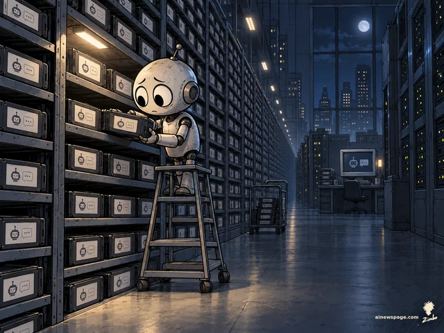 Zimbo cartoon: Merv, a small anxious robot with huge worried eyes, stands on a rolling ladder in a vast dark server room at night, shelving backup tapes labeled with a chatbot icon, row after row stretching to a moonlit skyscraper window.
