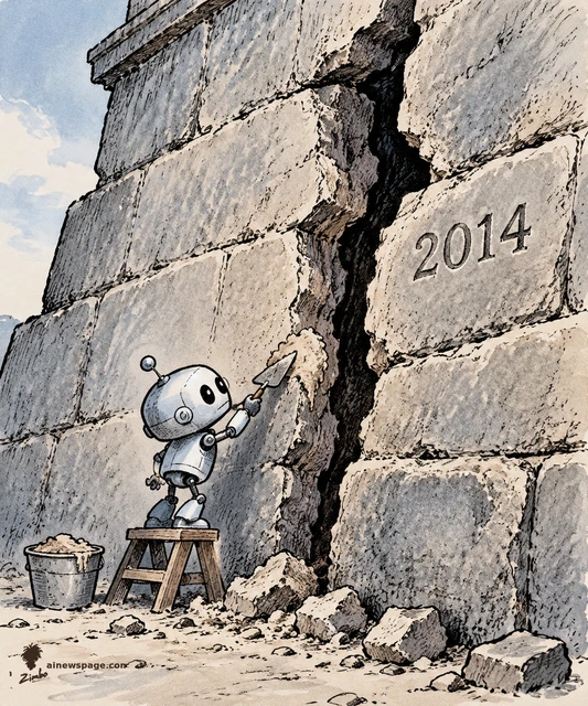 Satirical cartoon: a tiny robot mason on a step stool applies fresh mortar to a colossal crack in an ancient stone foundation carved 2014.