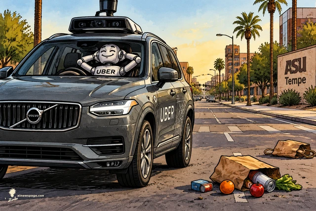 Satirical cartoon: a smug robot driver lounges with its hands behind its head in a driverless Uber Volvo rolling down a Tempe street past spilled shopping bags.