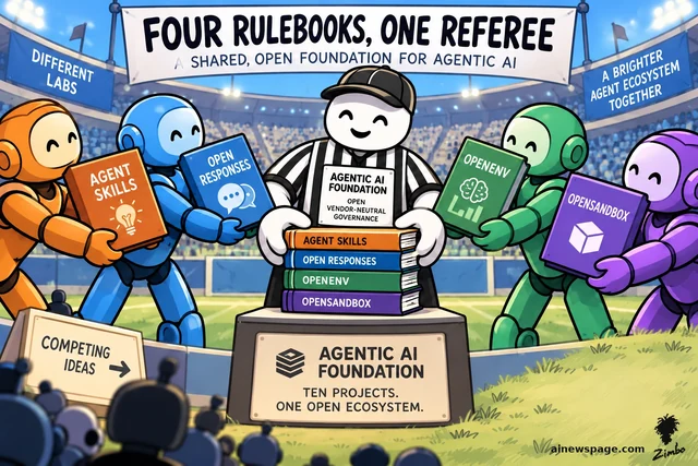 Satirical cartoon: four colored robots hand rulebooks labeled Agent Skills, Open Responses, OpenEnv and OpenSandbox to a smiling striped referee holding the stacked books under a banner reading FOUR RULEBOOKS, ONE REFEREE.