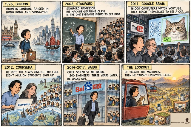Andrew Ng strip: 1976 London boy between two harbors; 2002 Stanford lecture hall; 2011 Google Brain, 16,000 computers learn a cat; 2012 Coursera pours around the globe; 2014-17 Baidu, he walks out; lookout: Ng and Issue the cat in a cable car. HE TAUGHT THE MACHINES. THEN HE TAUGHT EVERYONE ELSE.