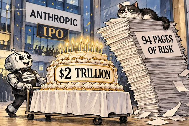 Satirical cartoon: a cheerful robot underwriter in a tuxedo wheels a giant birthday cake labeled $2 TRILLION past an ANTHROPIC IPO banner, while a colossal leaning stack of paper labeled 94 PAGES OF RISK towers over the cake and a grumpy cat sits unimpressed on top.
