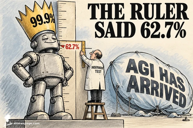 Satirical cartoon: a smug robot wearing a gold 99.9% paper crown stands at a measuring board while a tiny examiner in a coat marked INDEPENDENT TEST holds a ruler to its head at a red 62.7% mark, beside a deflated balloon reading AGI HAS ARRIVED.