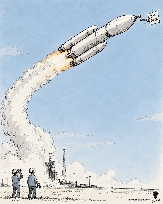 Satirical cartoon: a large rocket flies diagonally following a small BAD DATA slip at its nose while two engineers watch through binoculars below.