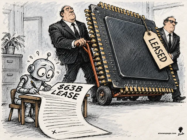 Satirical cartoon: a small worried robot signs an enormous '$63B LEASE' at a tiny desk while two suited bankers wheel in a giant computer chip on a dolly with a LEASED tag.