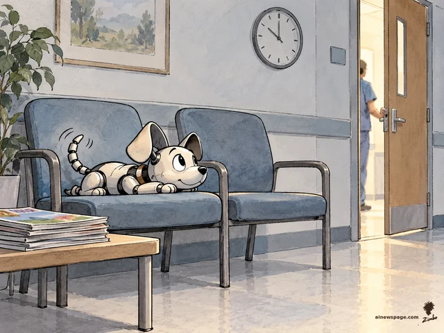 Zimbo cartoon: Buddy, a small pale-metal robot dog with oversized ears and a wagging segmented tail, lies with his head on a waiting-room seat cushion beside an empty chair, in a quiet hospital waiting room with an untouched pile of magazines on the table and a door opening at the right.