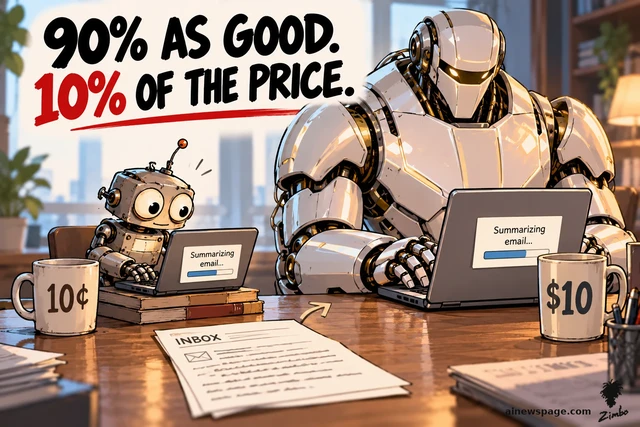Satirical cartoon: a tiny scrappy robot with a 10¢ mug and a giant gleaming robot with a $10 mug sit side by side at a desk, both laptops showing 'Summarizing email...', under the headline '90% AS GOOD. 10% OF THE PRICE.'