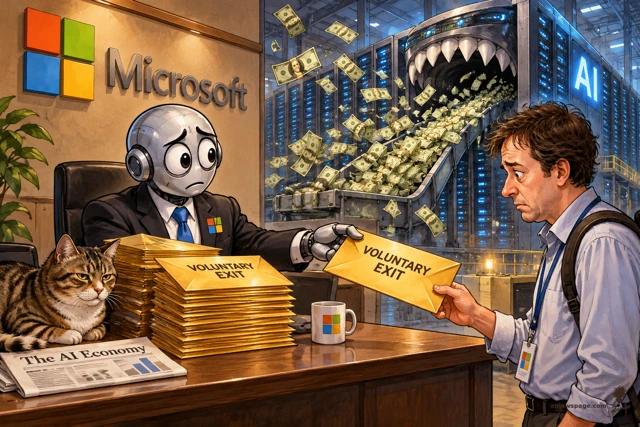 Satirical cartoon: Merv the worried robot, in a suit at a Microsoft desk, hands a golden envelope labeled VOLUNTARY EXIT to a worried employee with a backpack, while behind him a giant shark-mouthed AI data center gobbles a conveyor belt of dollar bills; a tabby cat watches from the desk.