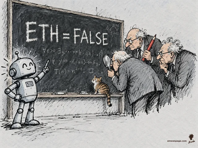 Satirical cartoon: a small proud robot points at a chalkboard reading 'ETH = FALSE' while three elderly professors lean in to grade it, one with a magnifying glass and one holding a giant red pencil, as a tabby cat watches from the chalk tray.
