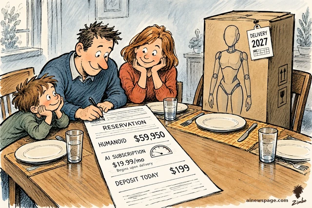 Satirical cartoon: a family of three at a dinner table signs a reservation receipt while a tall boxed humanoid robot gets the fourth place setting, a DELIVERY 2027 tag on its box, the receipt listing HUMANOID $59,950, AI SUBSCRIPTION $19.99/mo, and DEPOSIT TODAY $199.