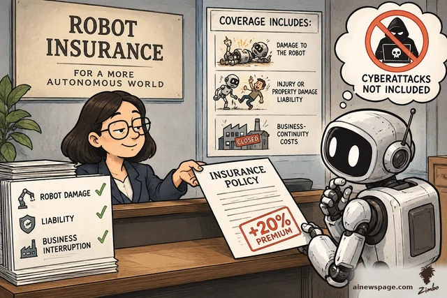 Satirical cartoon: a robot customer at an insurance desk receives an INSURANCE POLICY stamped +20% PREMIUM from a woman agent, under ROBOT INSURANCE and COVERAGE INCLUDES posters and a CYBERATTACKS NOT INCLUDED thought bubble.