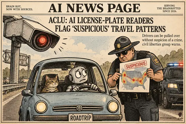 Satirical cartoon: a police officer shows a worried robot driver a map of his road trip stamped SUSPICIOUS while a giant roadside camera eye with a red lens watches; a small tabby cat rides in the passenger seat.