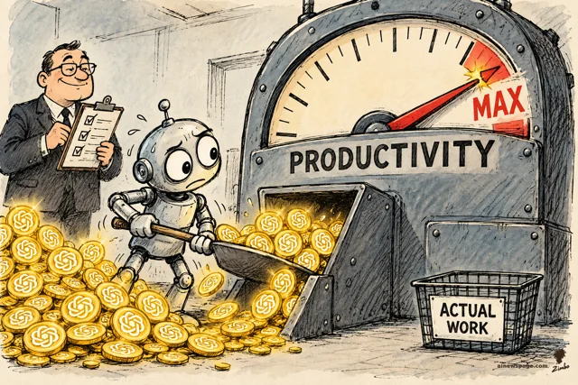 Satirical cartoon: a small worried robot shovels glowing gold token-coins into a giant PRODUCTIVITY meter pegged at MAX while a smiling manager with a clipboard ticks boxes; the wire basket labeled ACTUAL WORK beside the meter sits empty.
