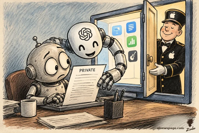 Satirical cartoon: Merv the worried robot types a document marked PRIVATE while a cheerful OpenAI robot arm reaches through his screen to read over his shoulder, as a smiling Apple-logo doorman holds the door wide open.