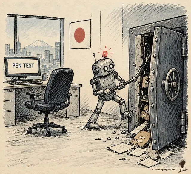 Satirical cartoon: a small robot burglar with a red alarm light pries open a corporate vault with a crowbar beside an empty operator's chair and an untouched computer marked PEN TEST, with a Japan flag and Mount Fuji in the window.