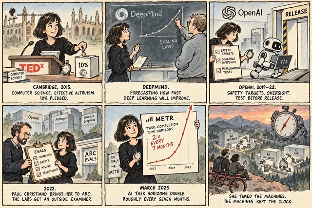 Beth Barnes strip: 2015 Cambridge TEDx, 10% pledged; DeepMind scaling laws; OpenAI 2019-22 safety targets; 2022 Christiano brings her to ARC Evals; March 2025 METR chart, horizons double every 7 months; lookout: Barnes and Christiano on a tandem bicycle, AI labs and a giant stopwatch.