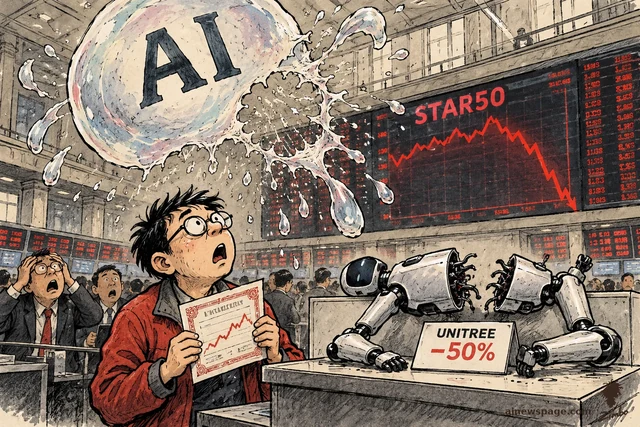 Satirical cartoon: a giant soap bubble marked AI bursts over a Shanghai trading floor as a stunned investor in red clutches his stock certificate; a Unitree robot sits sliced in half on a counter with a UNITREE −50% sign while the red STAR50 chart plunges off a cliff.