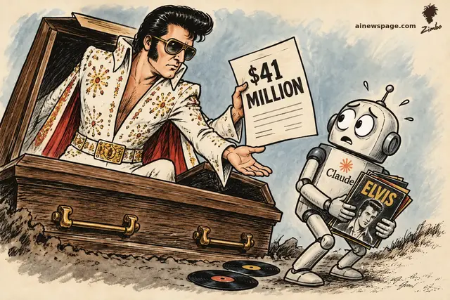 Satirical cartoon: Elvis Presley in a white Vegas jumpsuit and sunglasses rises from a wooden coffin holding a $41 MILLION bill with his other hand extended, palm up, while a small terrified robot labeled Claude clutches ELVIS vinyl records, with two vinyl records lying on the ground.