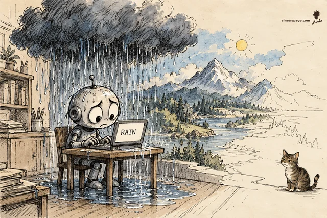 Satirical cartoon: a small worried robot types RAIN on a laptop at his desk while a huge storm cloud rains on him indoors, and a mountain world with a lake and a sun assembles itself behind him; a small tabby cat watches dry from the corner.