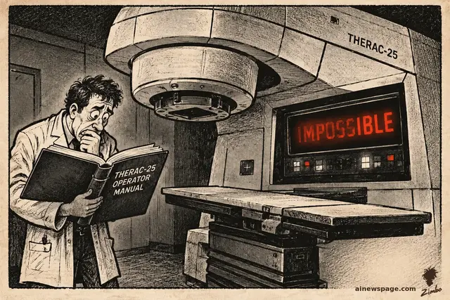 Satirical cartoon: a massive machine labeled THERAC-25 displays IMPOSSIBLE in red on its console while a frightened technician searches a thick THERAC-25 OPERATOR MANUAL; an empty treatment table stands beneath the machine.
