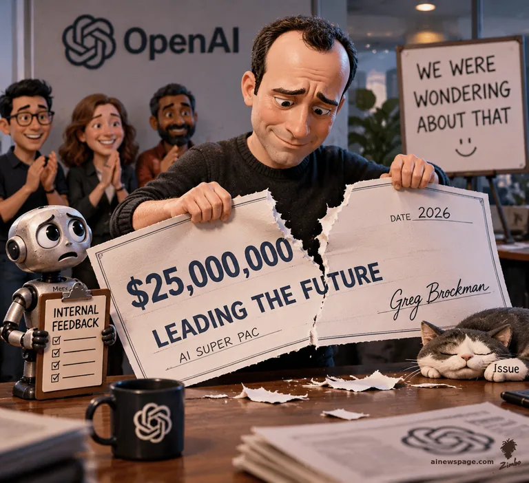 Satirical Zimbo cartoon: a worried suited man tears his own $25,000,000 check to 'LEADING THE FUTURE AI SUPER PAC' in half while employees applaud under a whiteboard reading 'WE WERE WONDERING ABOUT THAT' — robot Merv holds an 'INTERNAL FEEDBACK' clipboard, Issue the tabby naps on a torn corner.