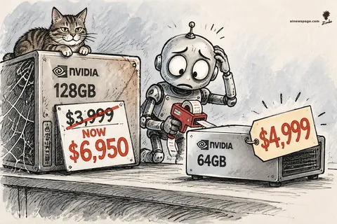 Satirical Zimbo cartoon: Merv the worried robot holds a price gun between two NVIDIA desktop boxes - a big dusty 128GB box with its $3,999 price crossed out and a 'NOW $6,950' tag, and a small 64GB box wearing an oversized $4,999 price tag - while Issue the tabby cat loafs atop the big box.