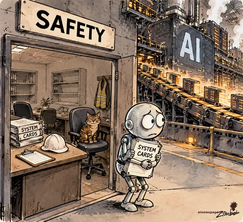 Satirical Zimbo cartoon: worried robot Merv holds a stack of SYSTEM CARDS papers at the door of an abandoned office labeled SAFETY — empty chairs, a hard hat and clipboard left behind, Issue the tabby cat sitting in the desk chair — while a giant AI factory churns out model boxes behind him.